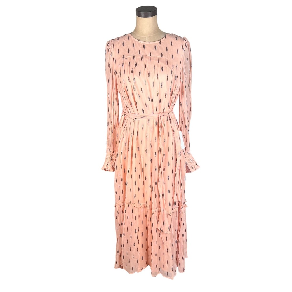 Ciebon Eryn Metallic Print Dress Peach Pink Long Sleeve Midi Smocked Cuff Medium